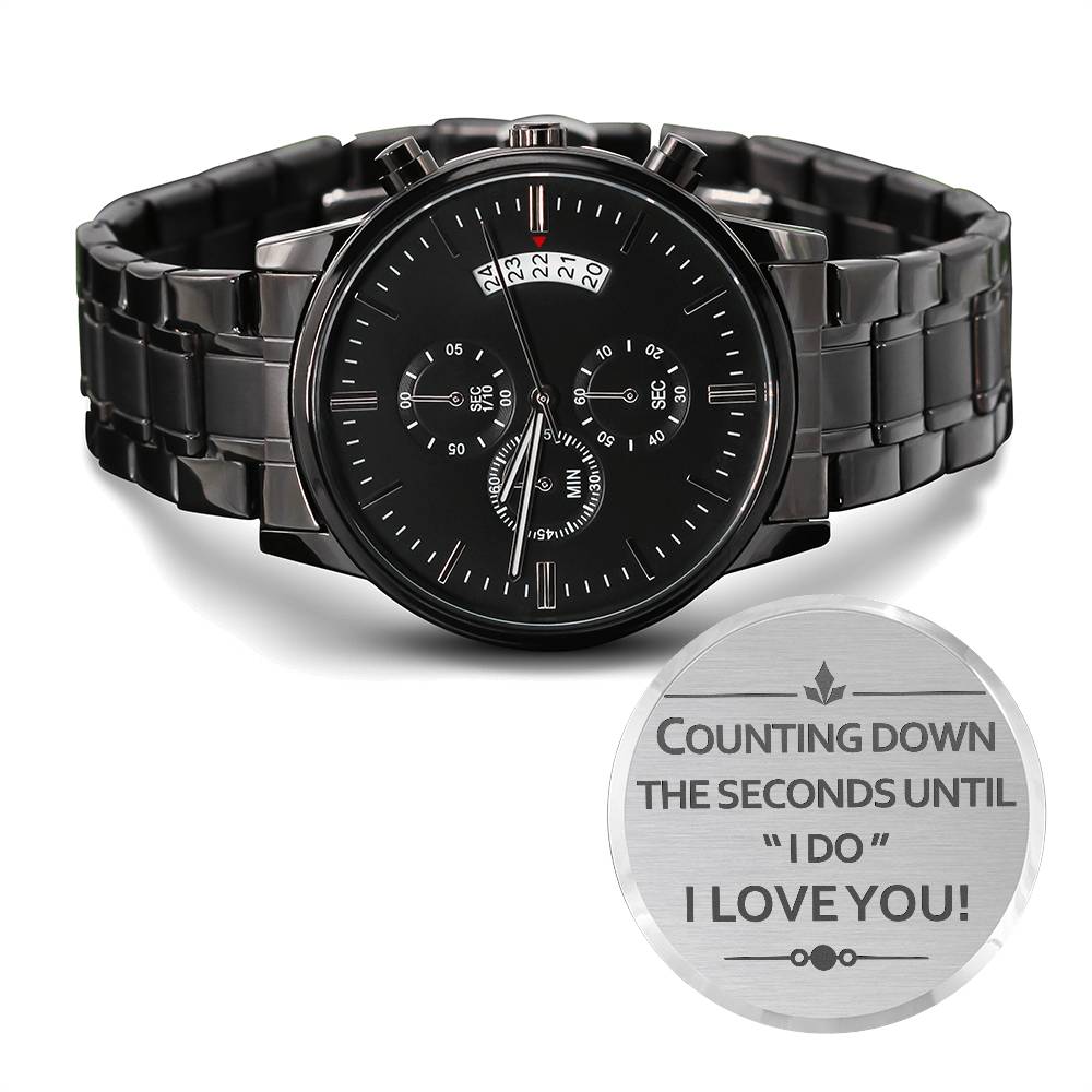 Counting down the seconds until Editable-Black Chronograph Watch with Engraving
