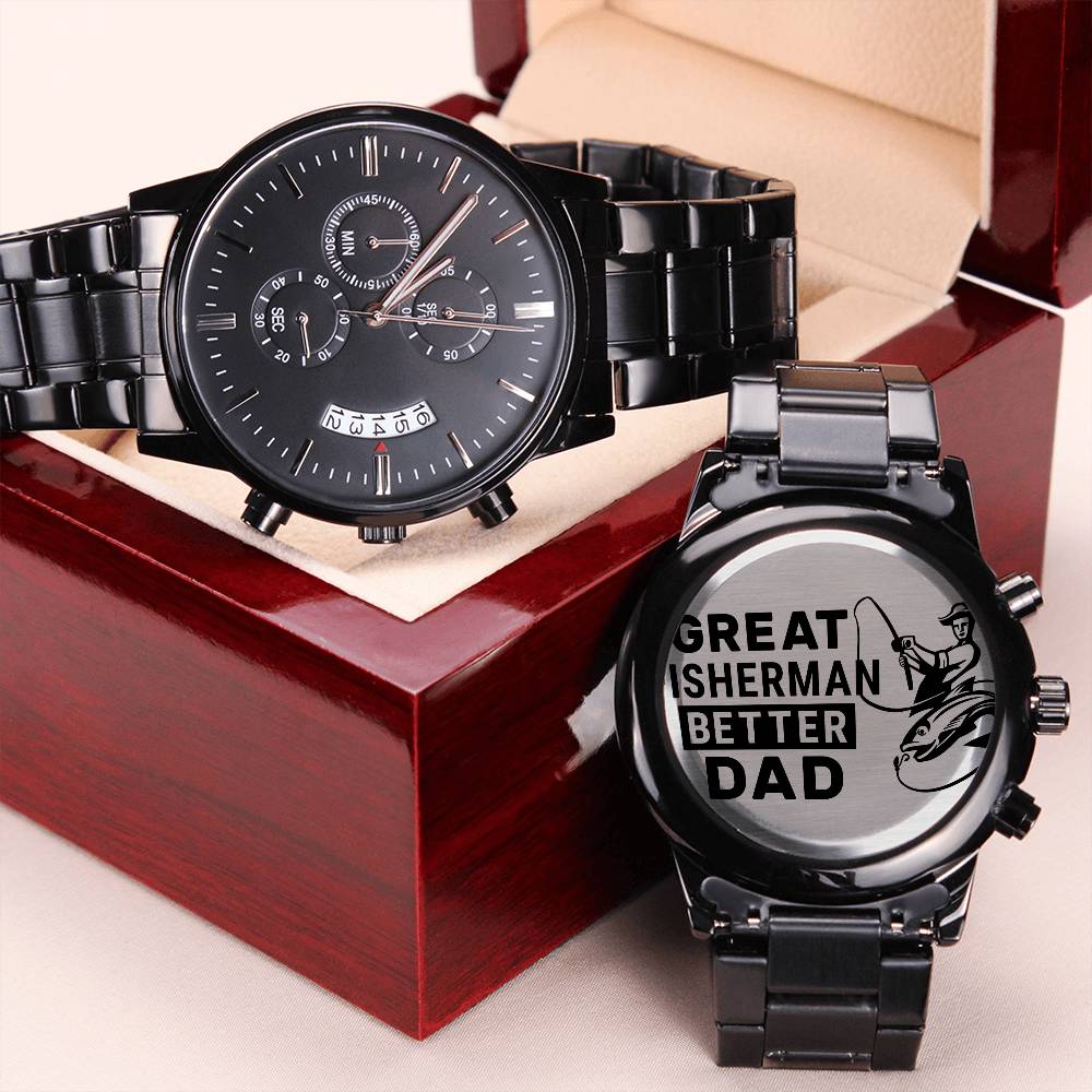great fisherman better dad-Black Chronograph Watch with Engraving