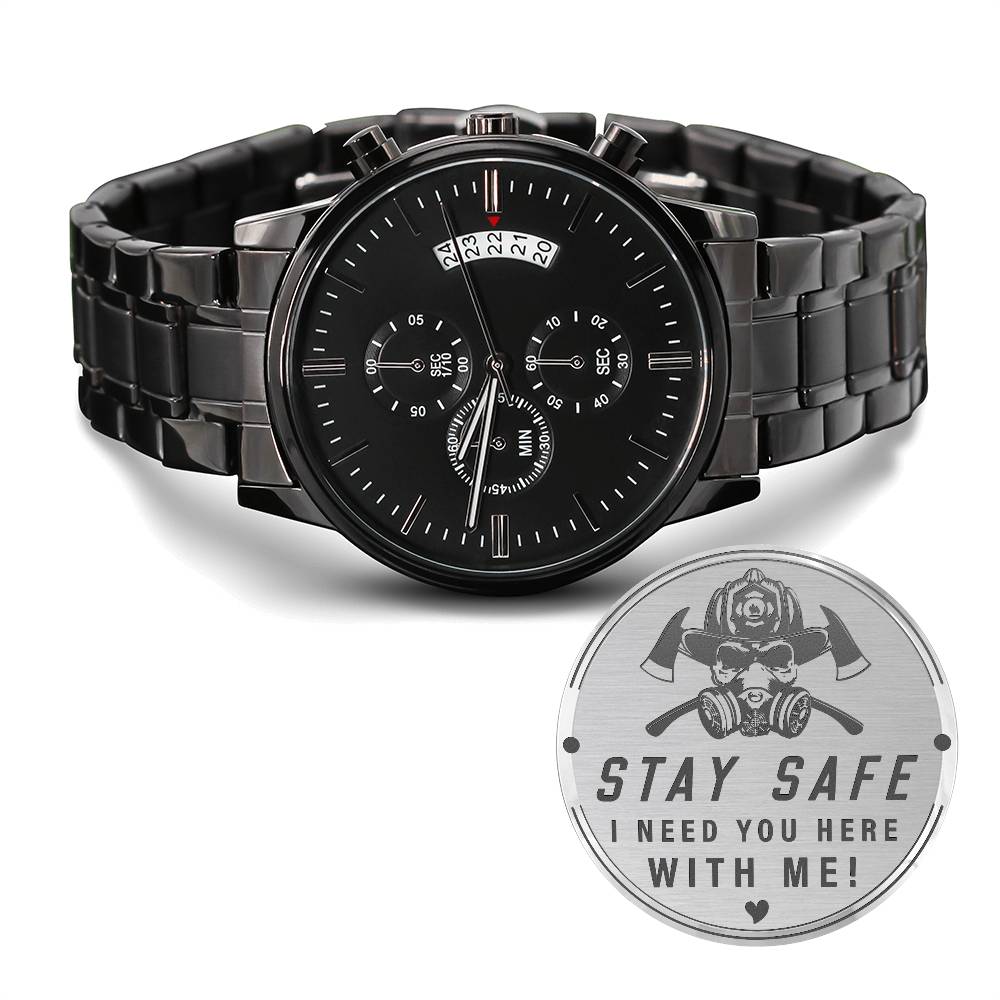 Stay safe-Black Chronograph Watch with Engraving
