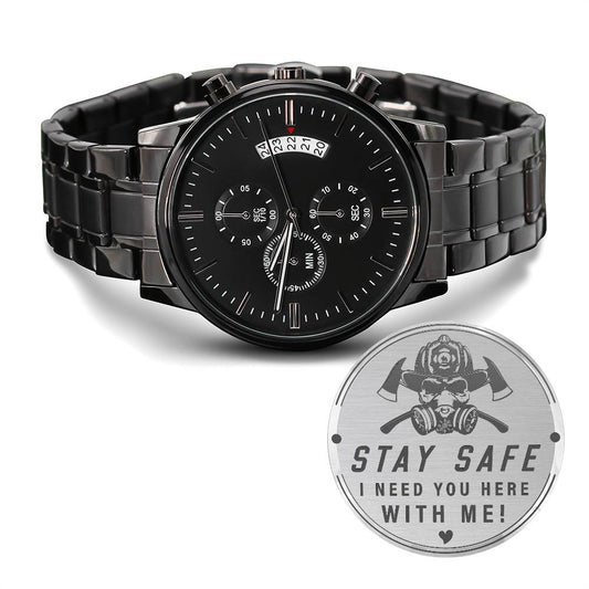 Stay safe-Black Chronograph Watch with Engraving