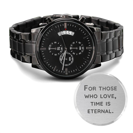 For those who love-Black Chronograph Watch with Engraving