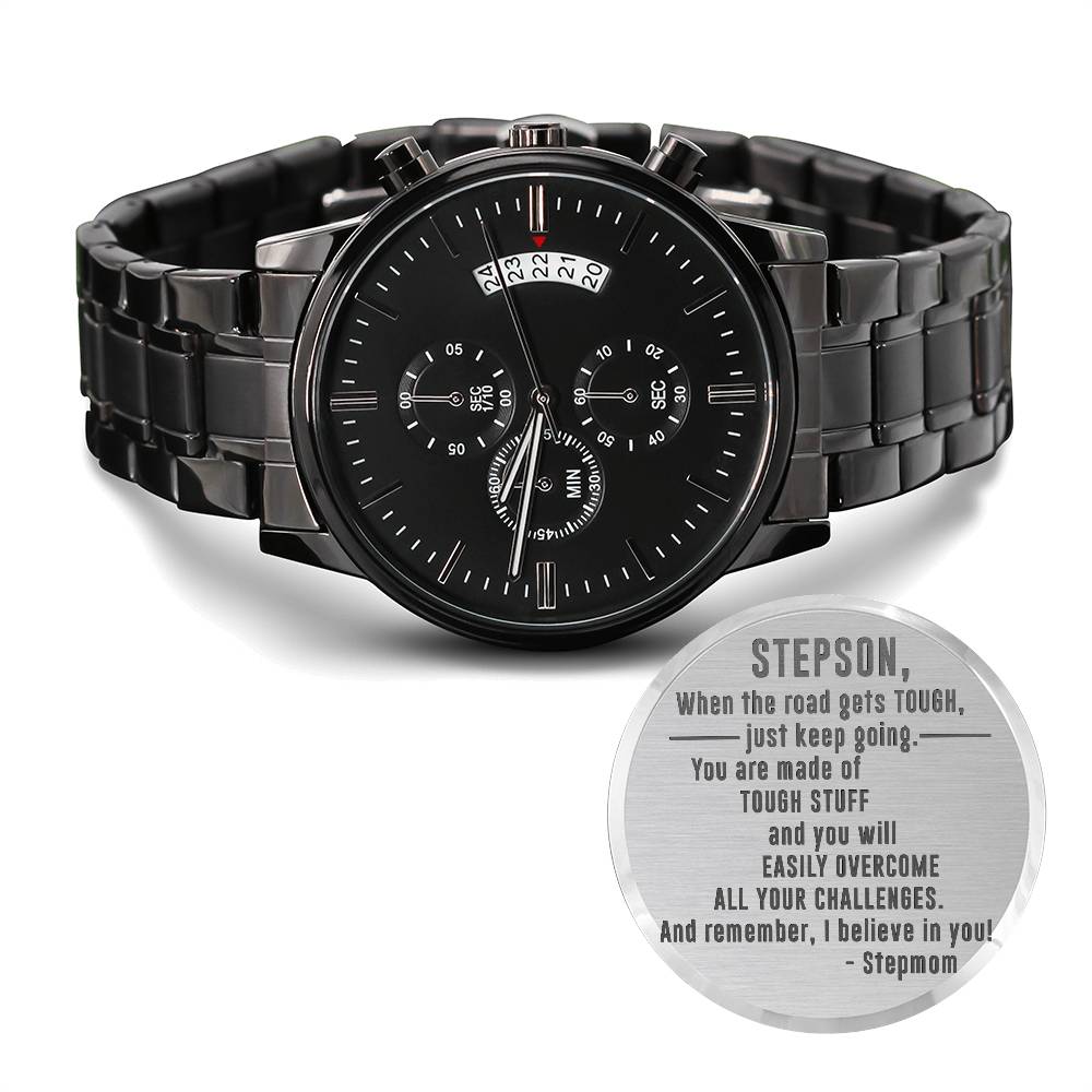 stepsonBlack Chronograph Watch with Engraving