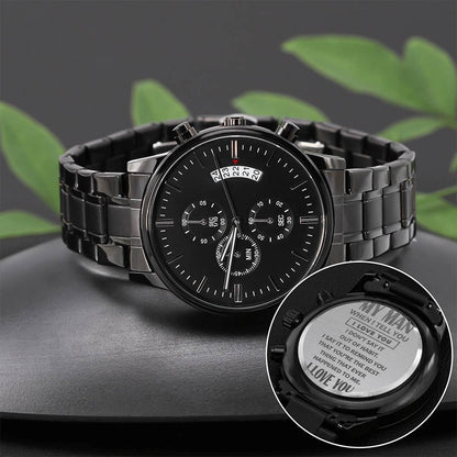 When I tell you I love you - Editable-Black Chronograph Watch with Engraving
