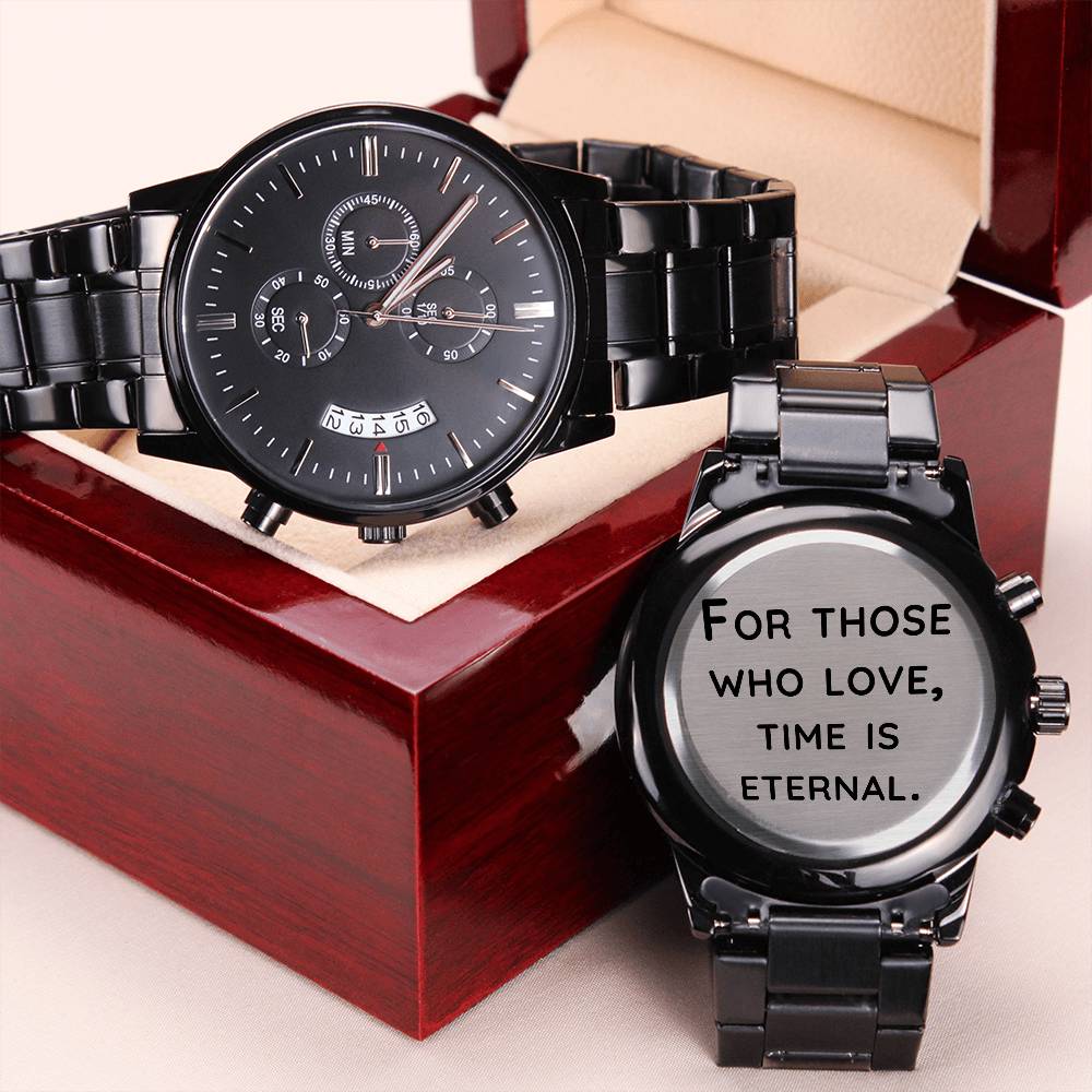 For those who love-Black Chronograph Watch with Engraving
